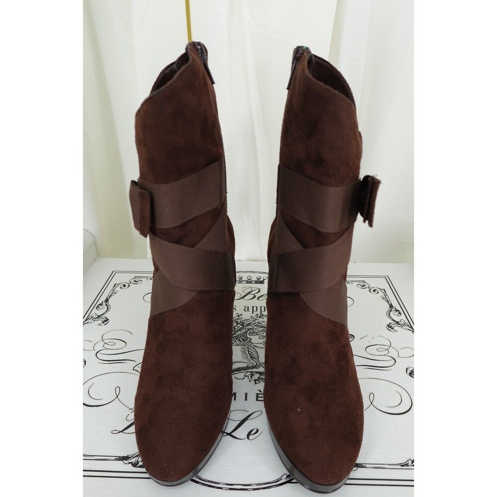 Charlotte Russe Faux Suede Mid-Calf Side Zipper Bow Trim High Heel Boots Size 6